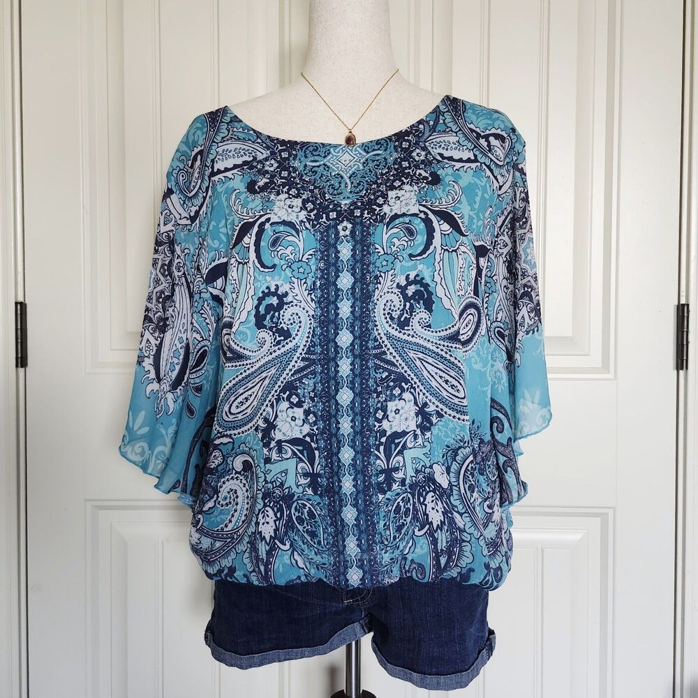 JM Collection Blue Paisley Beaded Blouse Size XL